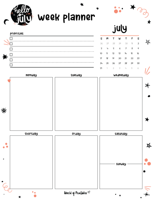 Free Cute July Calendar & Planner Printables