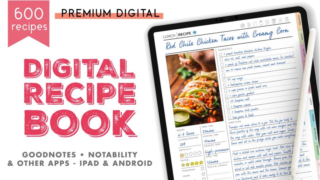 Digital Recipe Book for Goodnotes, Notability, Digital iPad Recipe