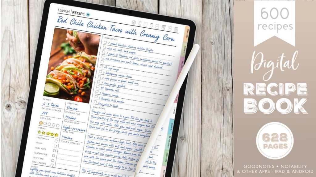 Cute Digital Recipe Book,meal Planner,recipe Journal,digital Cookbook for  Ipad,template for Goodnotes,notability,digitalhyperlinked PDF (Instant  Download) 