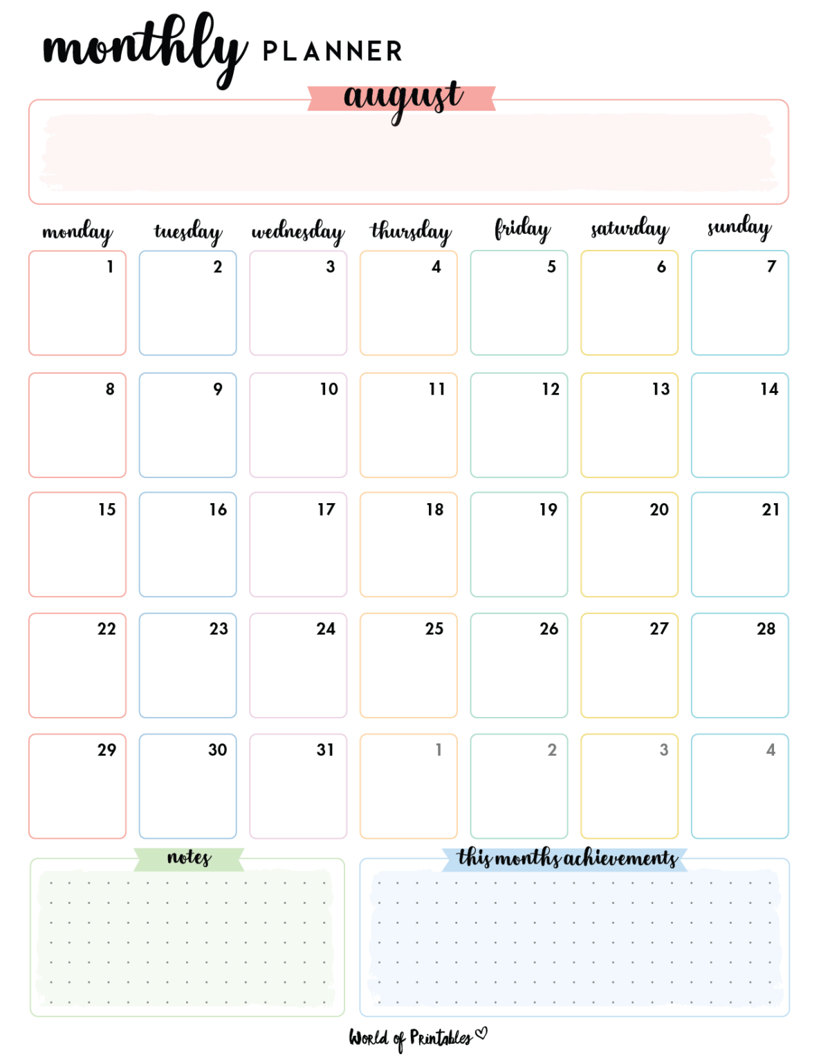 Free Cute August Calendar & Planner Set