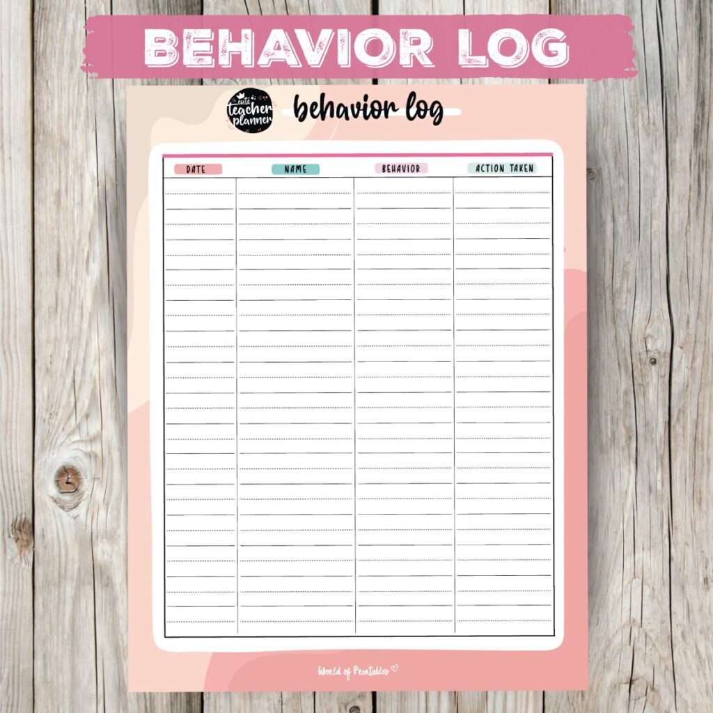 Teacher Planner Behavior Log