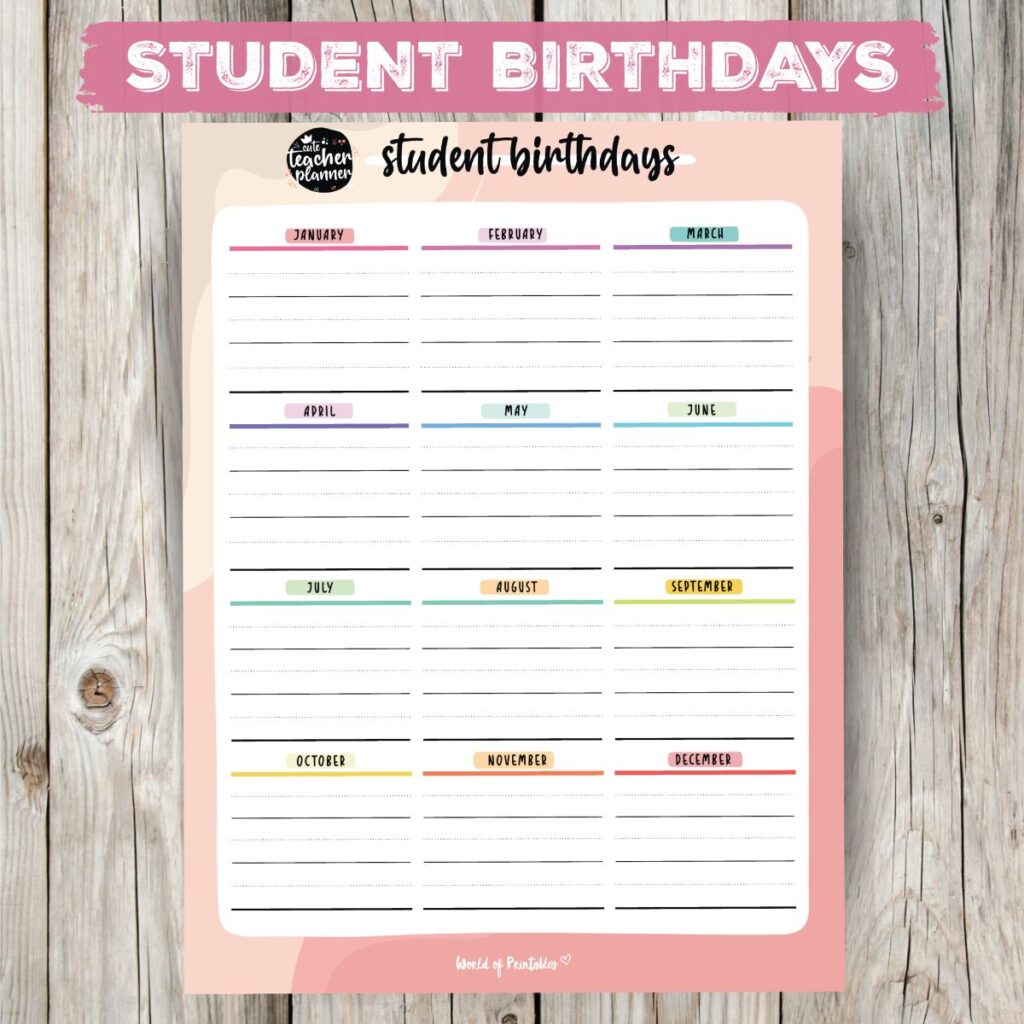 Teacher Planner Student Birthdays