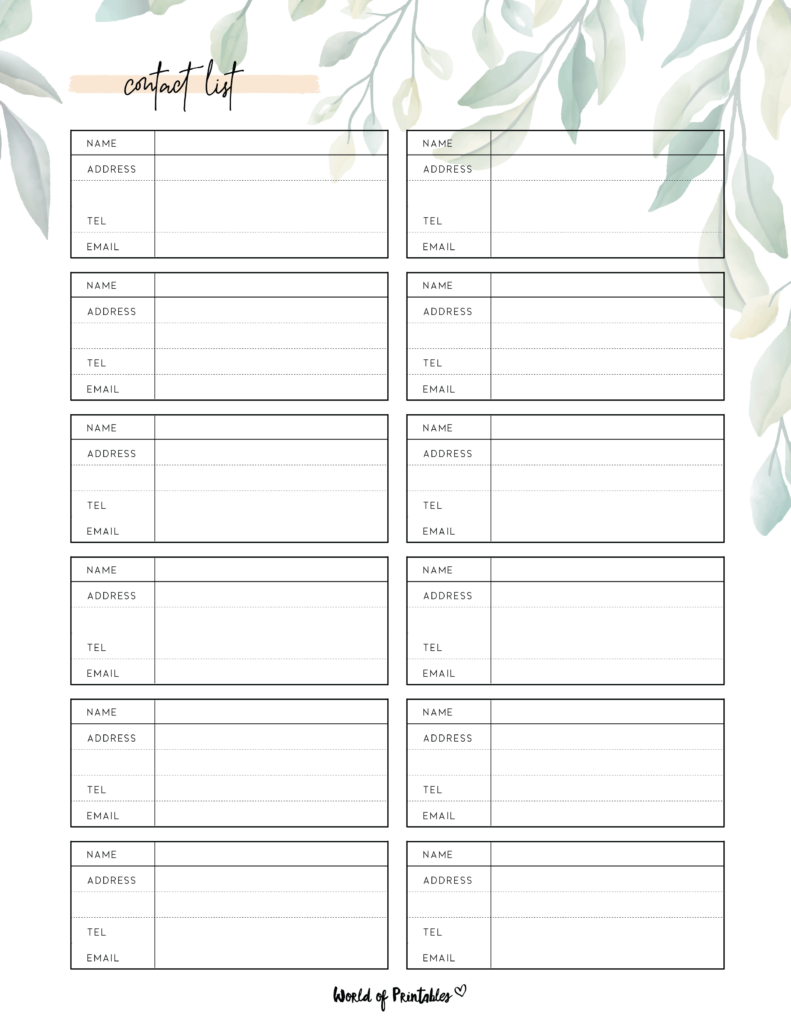 Floral contact list template