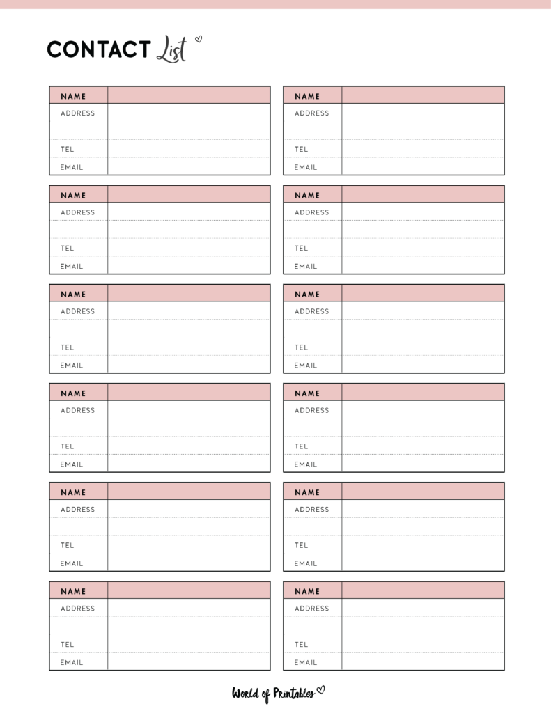 Pink contact list template