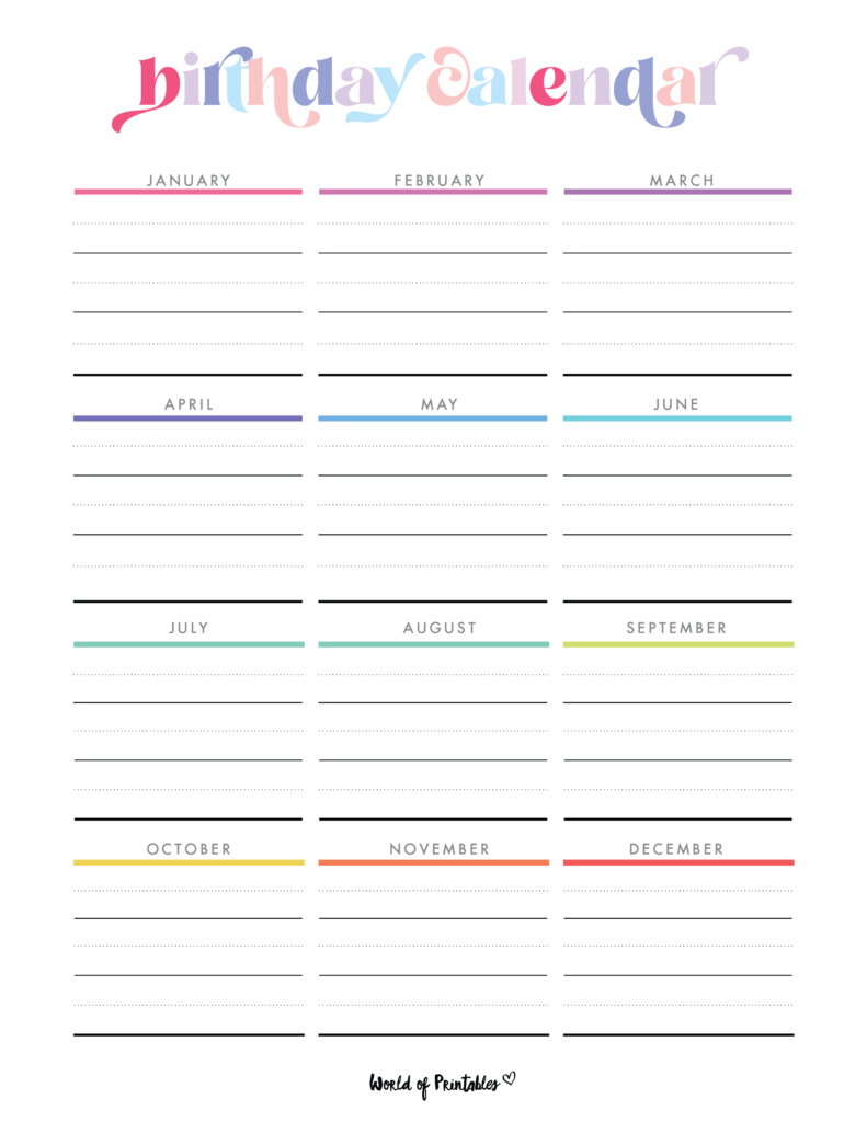 Birthday Calendars - World of Printables