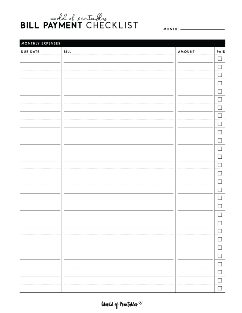 Bill payment checklist