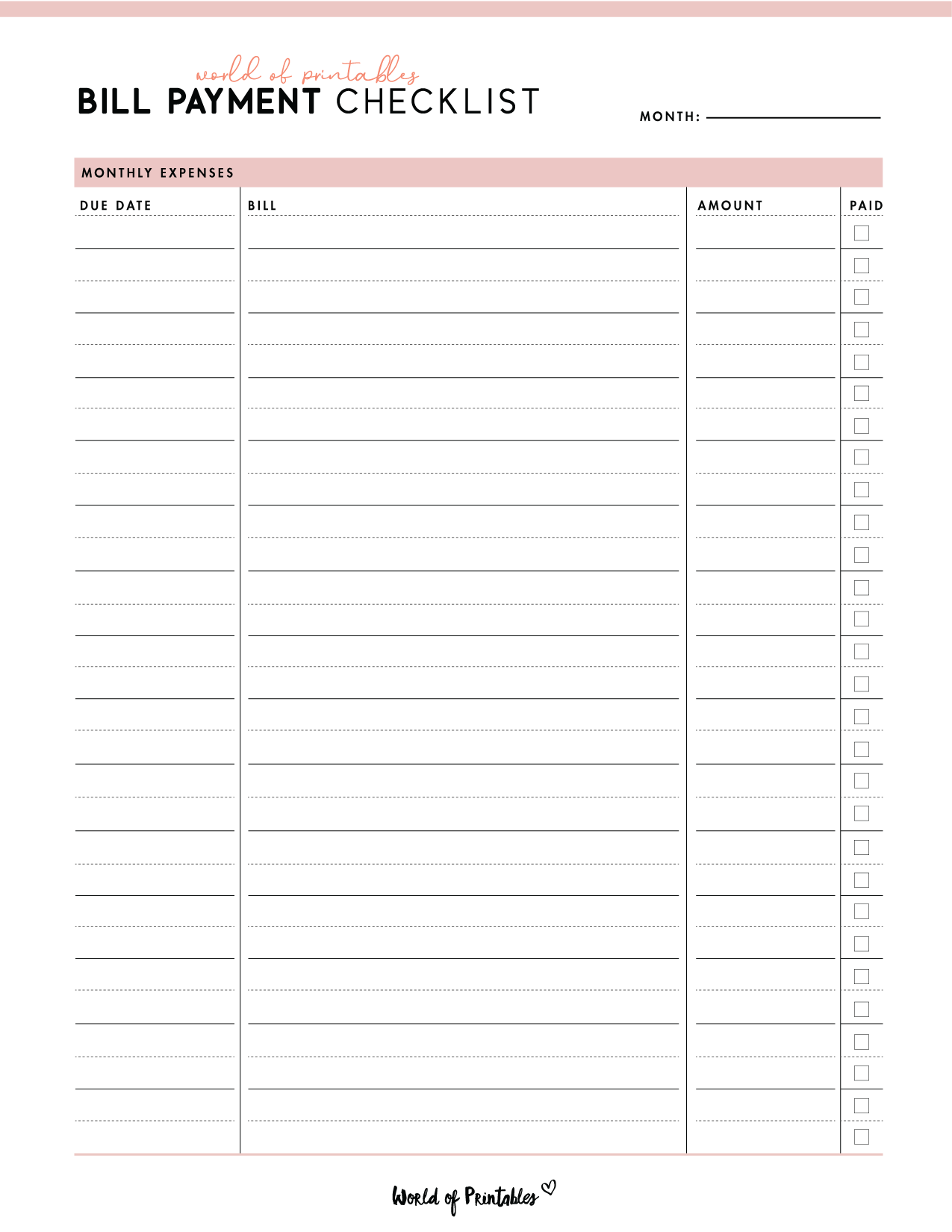 Free Bill Payment Checklist PDF - World of Printables
