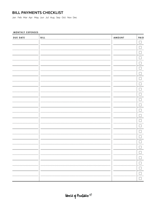 Free Bill Payment Checklist PDF - World of Printables