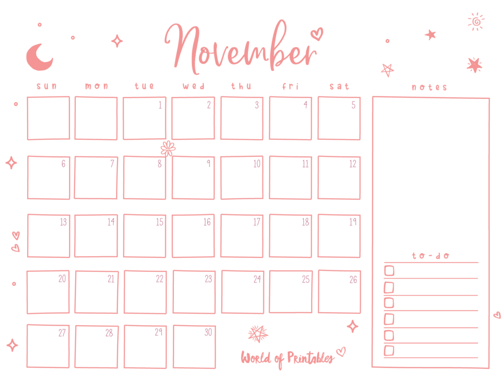 Cute November 2022 Calendar Landscape Printable