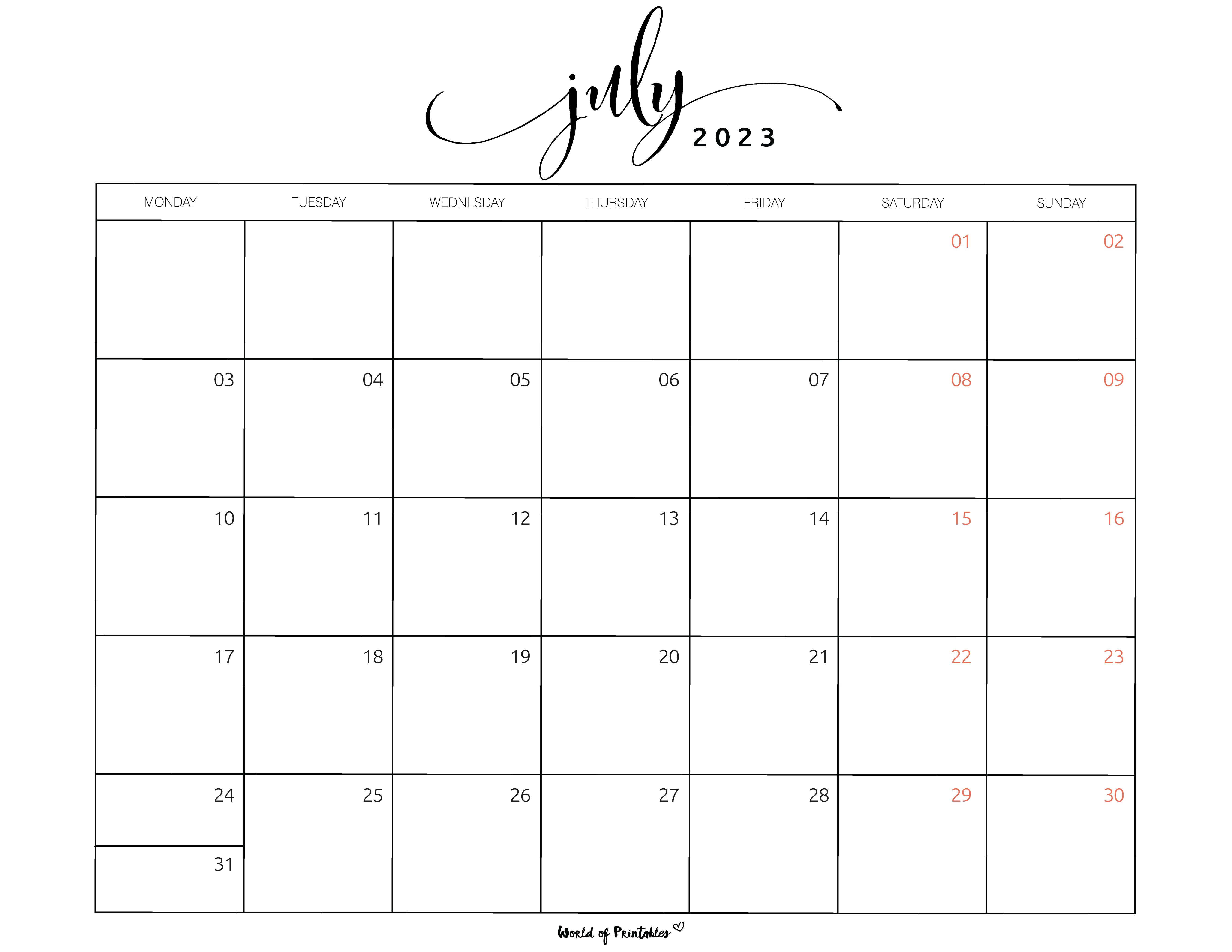 July 2023 Calendars | 100+ Best - World of Printables