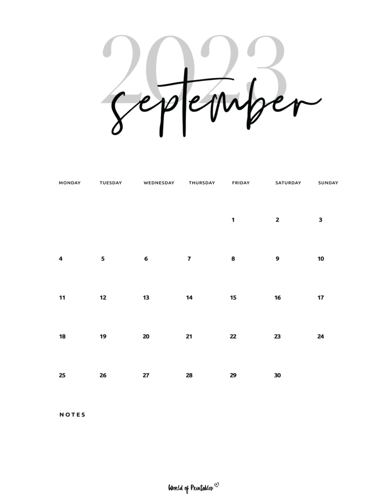 September 2022 Calendar Clipart Bw