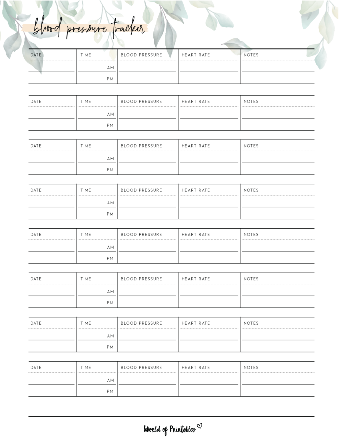 Blood pressure tracker chart printable