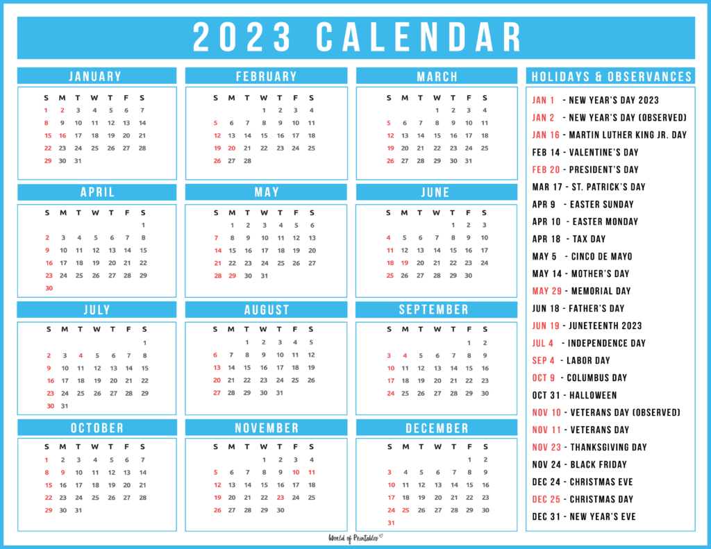 2023 Calendar with Holidays - blue