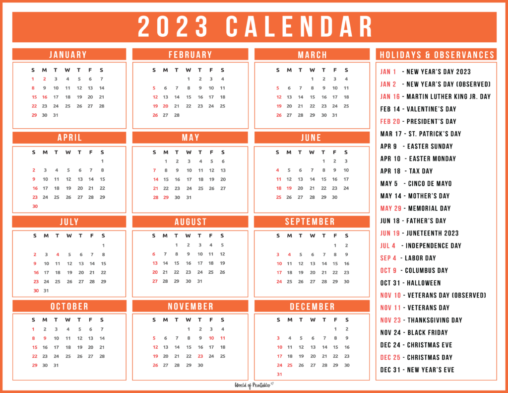 2023 Calendar with Holidays - orange