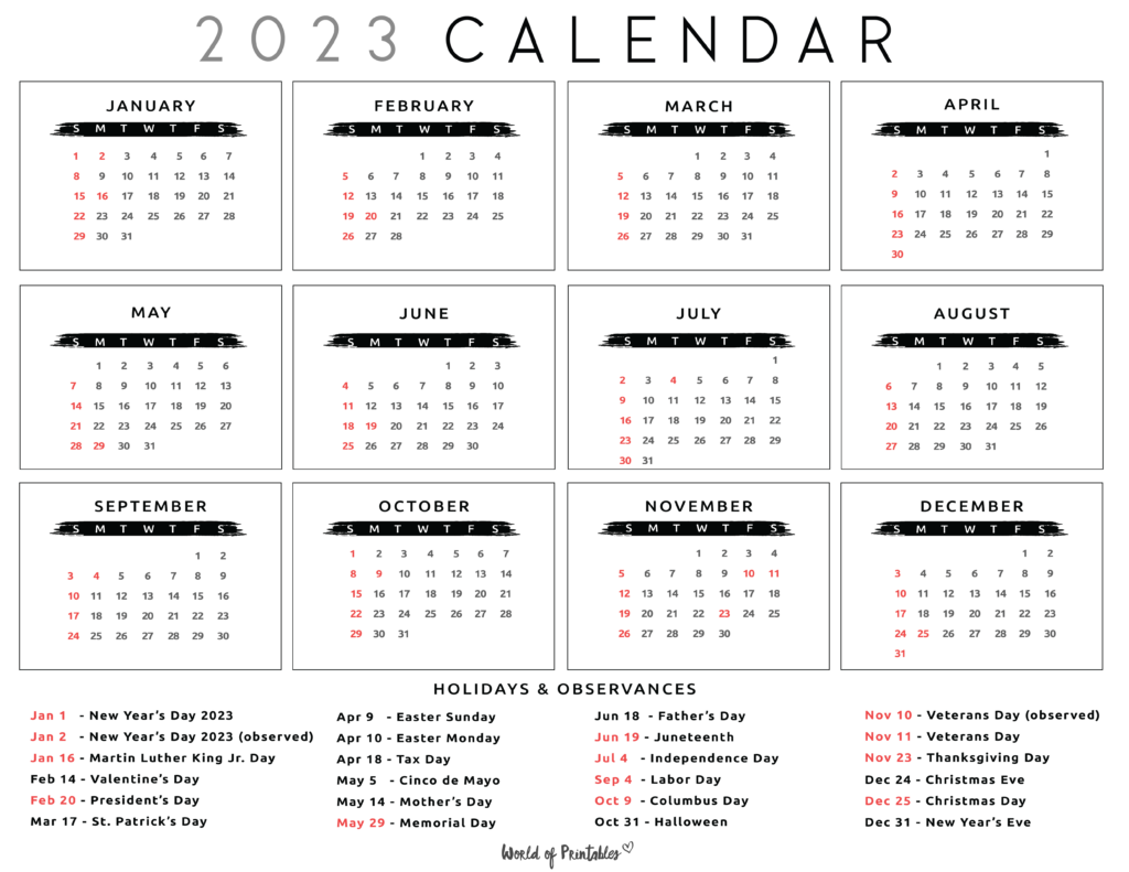 2023 holidays calendar