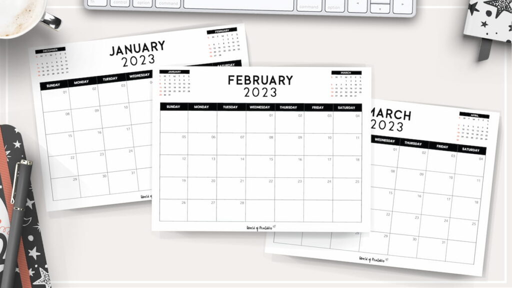 2023 monthly calendar with mini calendars