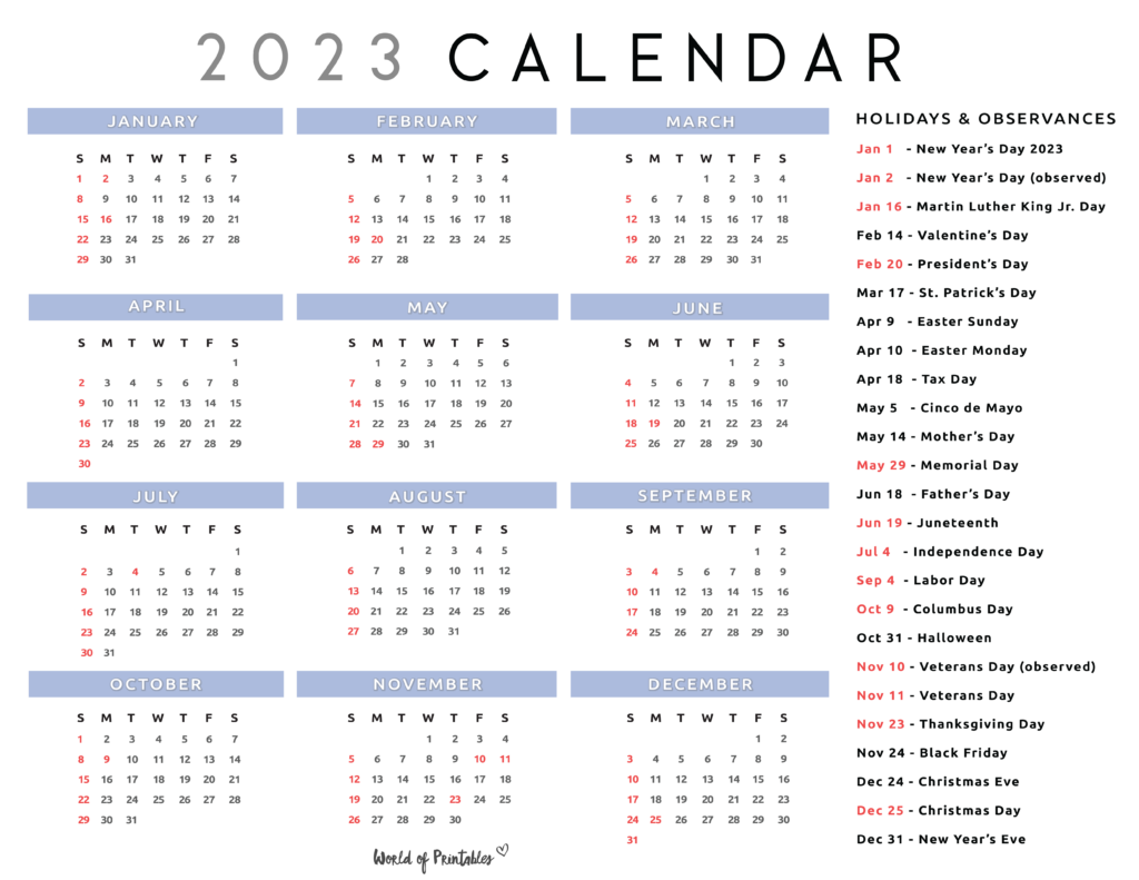 Calendar with Holidays 2023