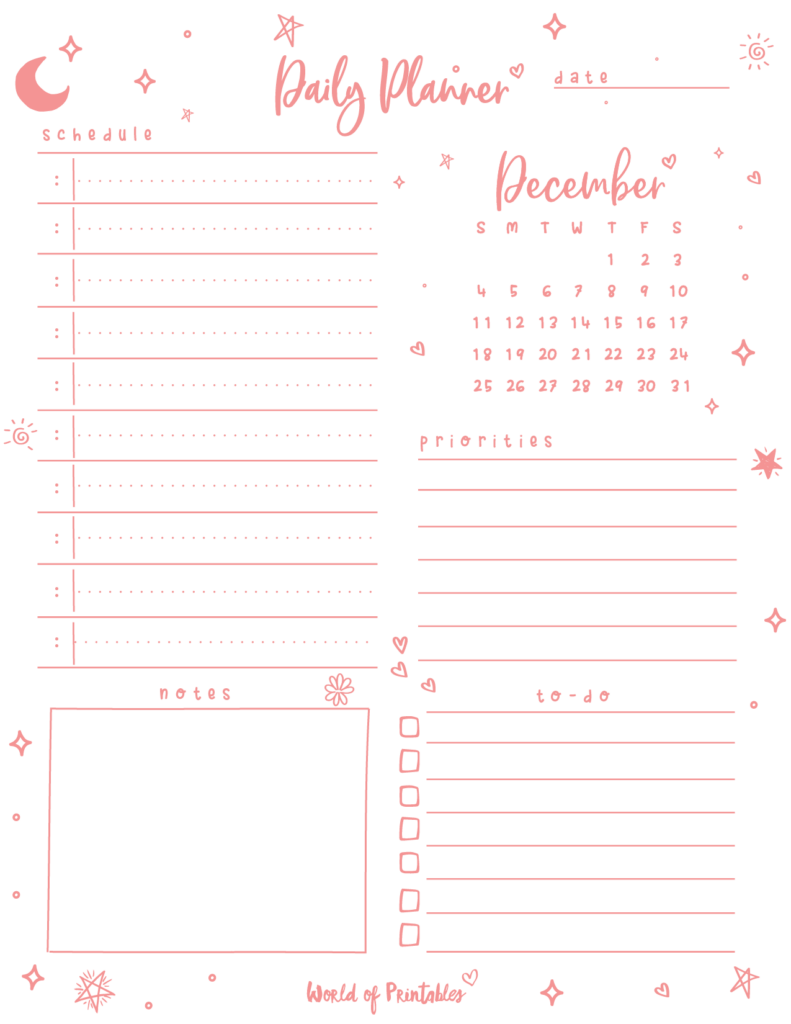 Cute Daily Planner Pink with December 2022 Calendar