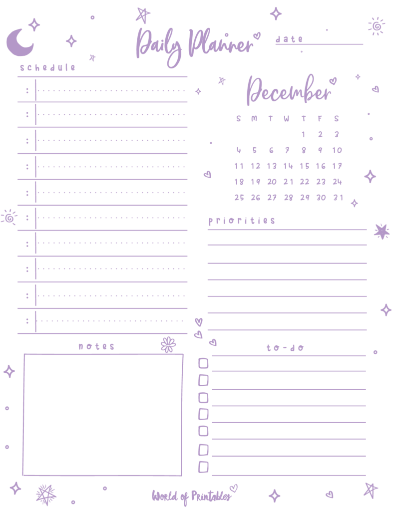 Cute Daily Planner with December 2022 Calendar Purple