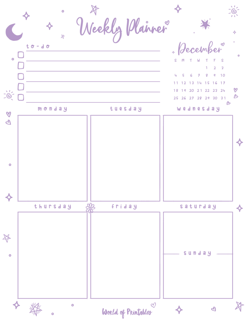 Cute Weekly Planner December 2022 Purple