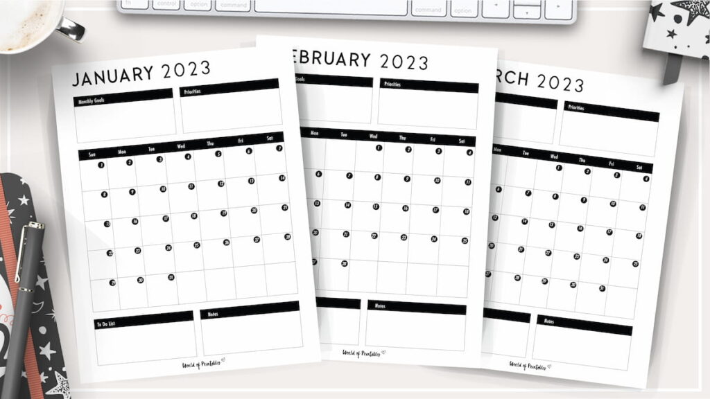 Monthly calendar 2023