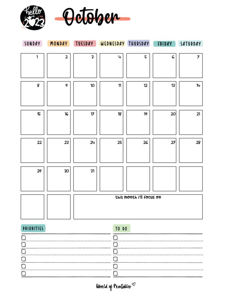 Simple Cute October 2023 Calendar