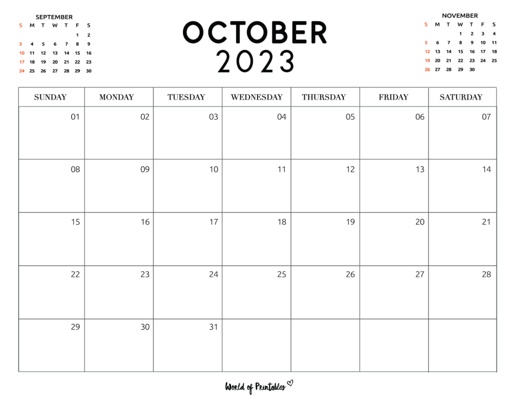 Simple 2023 October Calendar - Landscape