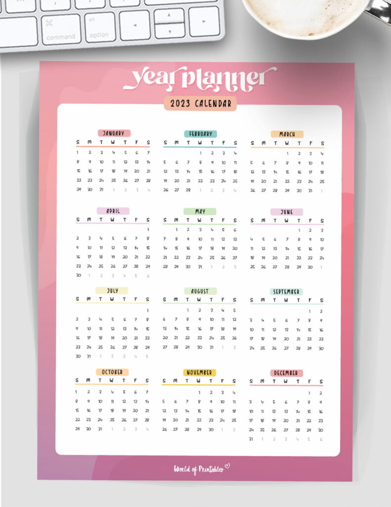 Pink colorful year calendar 2023