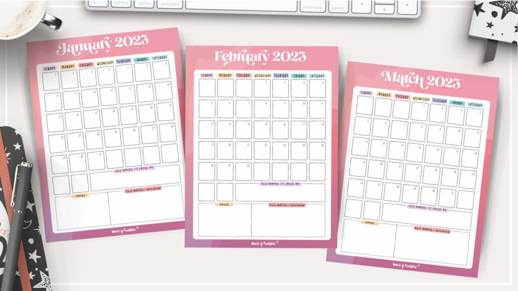 Pink monthly calendar 2023