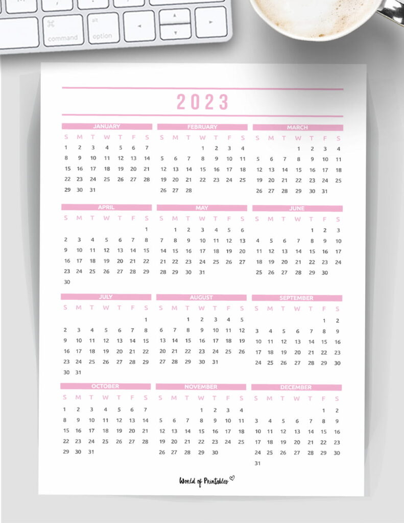 Printable Year Calendars for 2023 In Pink