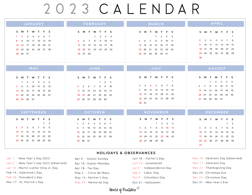 Printable calendar with holidays 2022