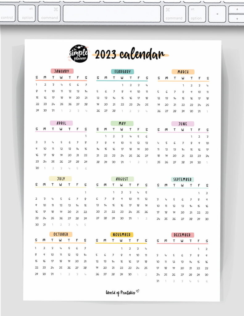 Simple colorful year calendar 2023