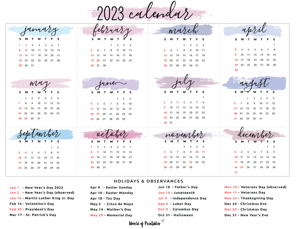 calendar with holidays 2023