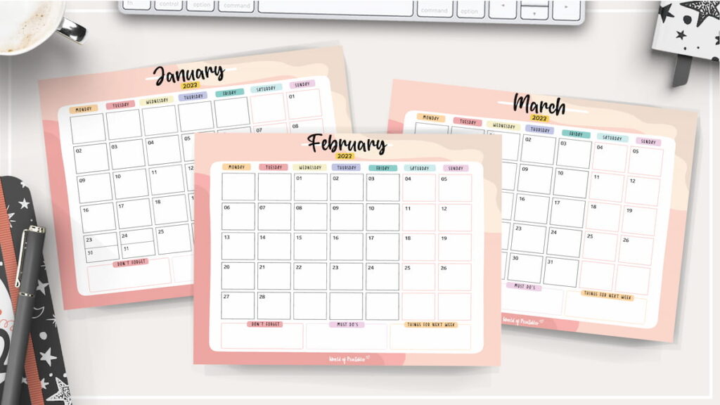 cute pink monthly calendar 2023