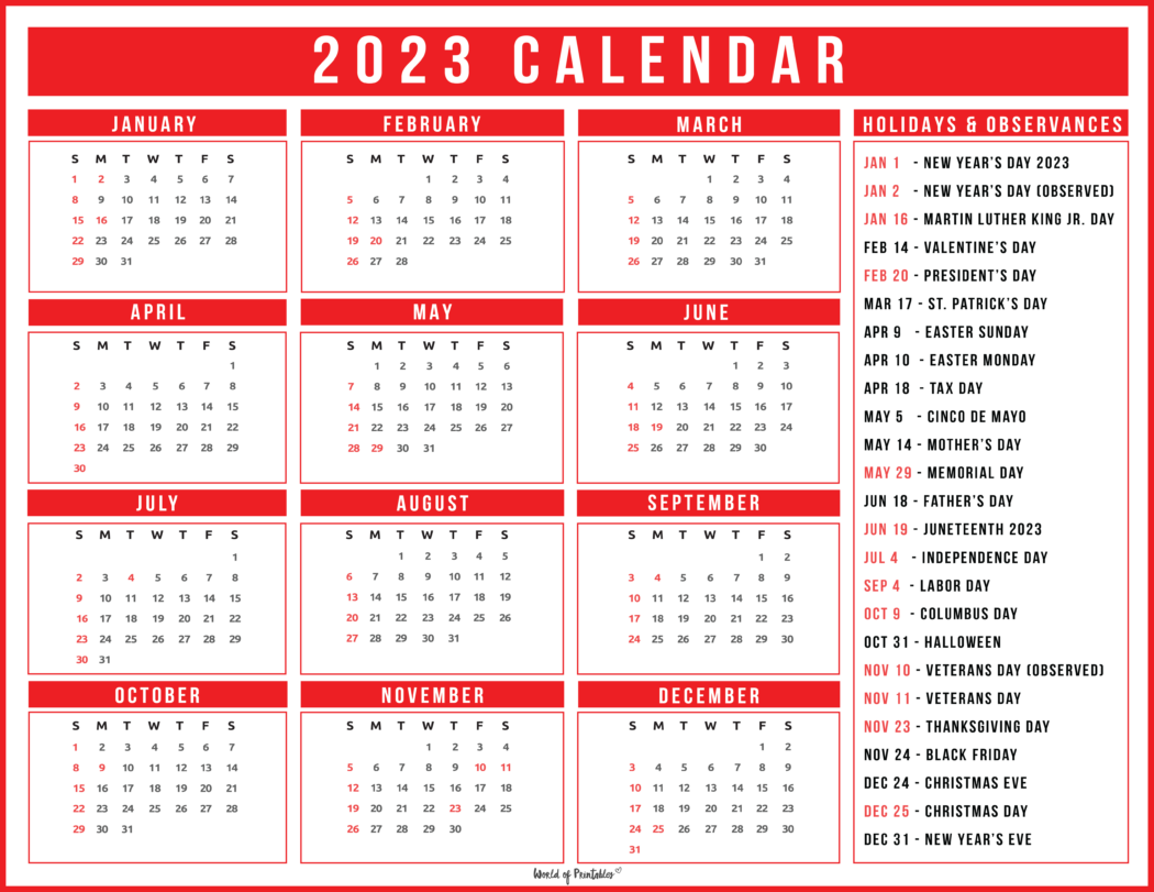 2023 Calendar With Holidays - World of Printables
