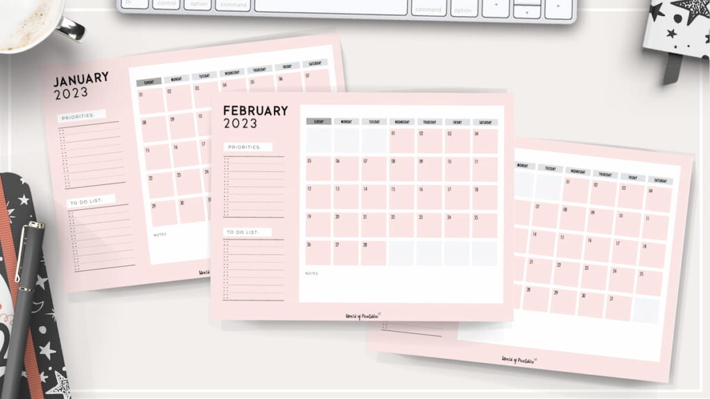 monthly calendar 2023 in pink