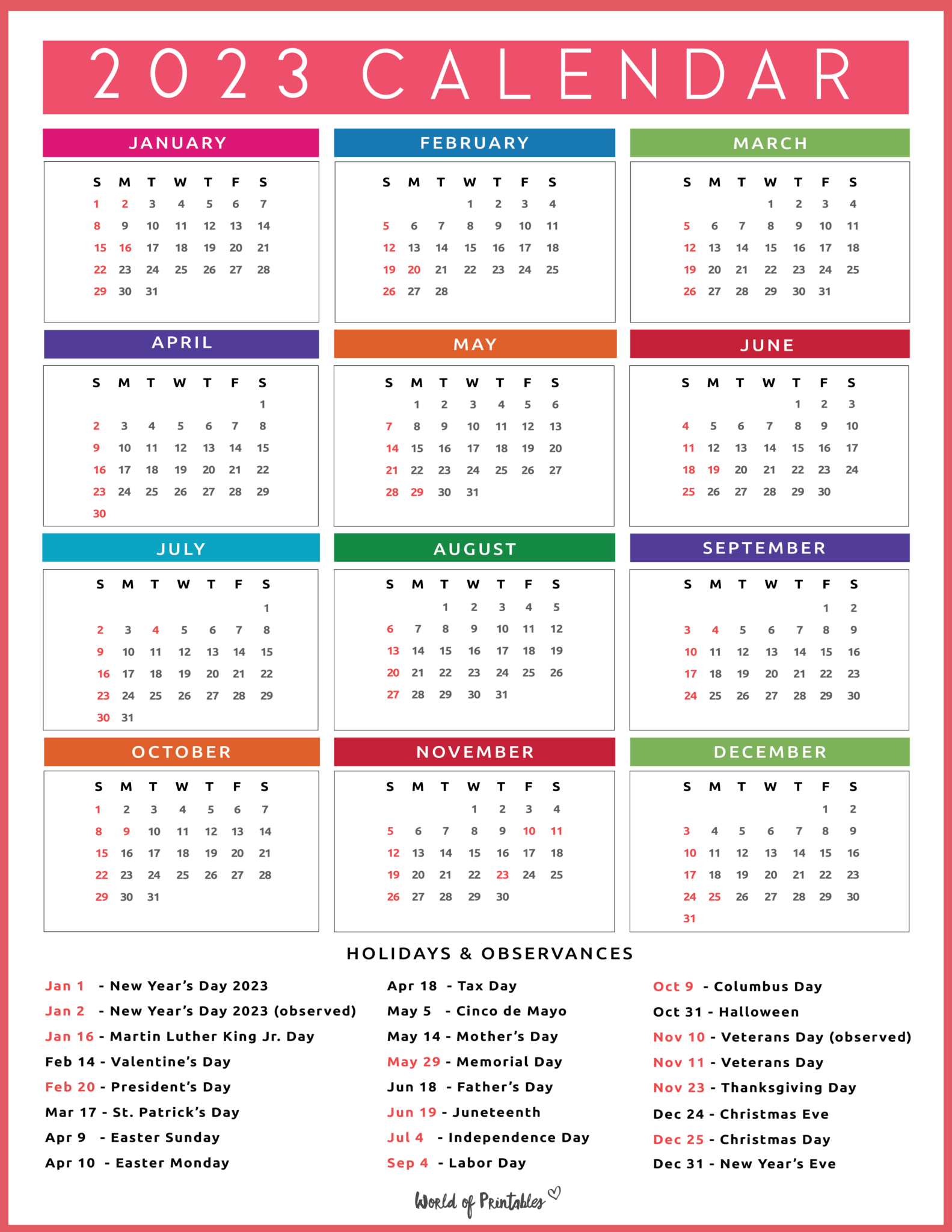 2023 Calendar With Holidays World of Printables