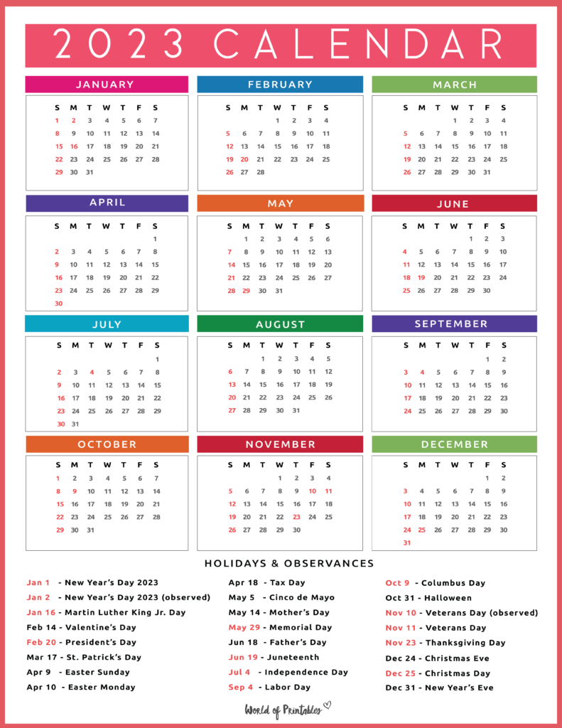 national holidays calendar