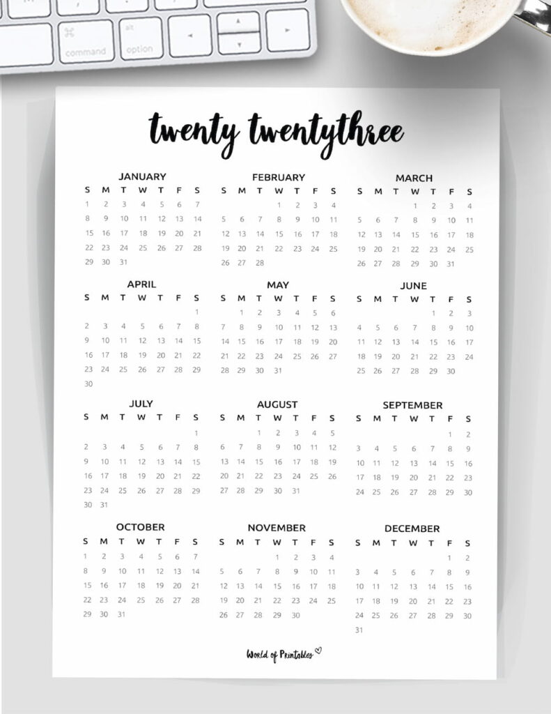one page year 2023 calendar printable free template