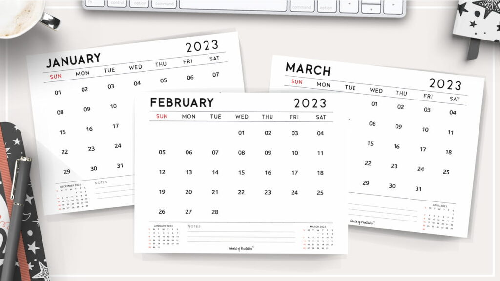 simple monthly calendar 2023 landscape