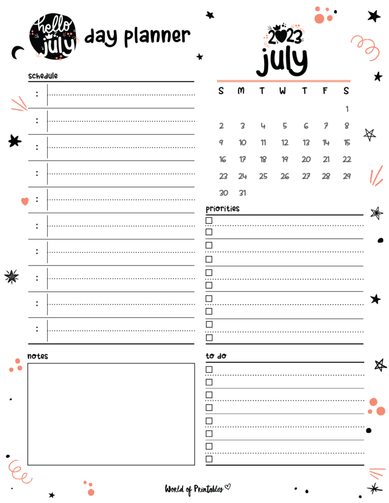 Cute 2023 July Day Planner