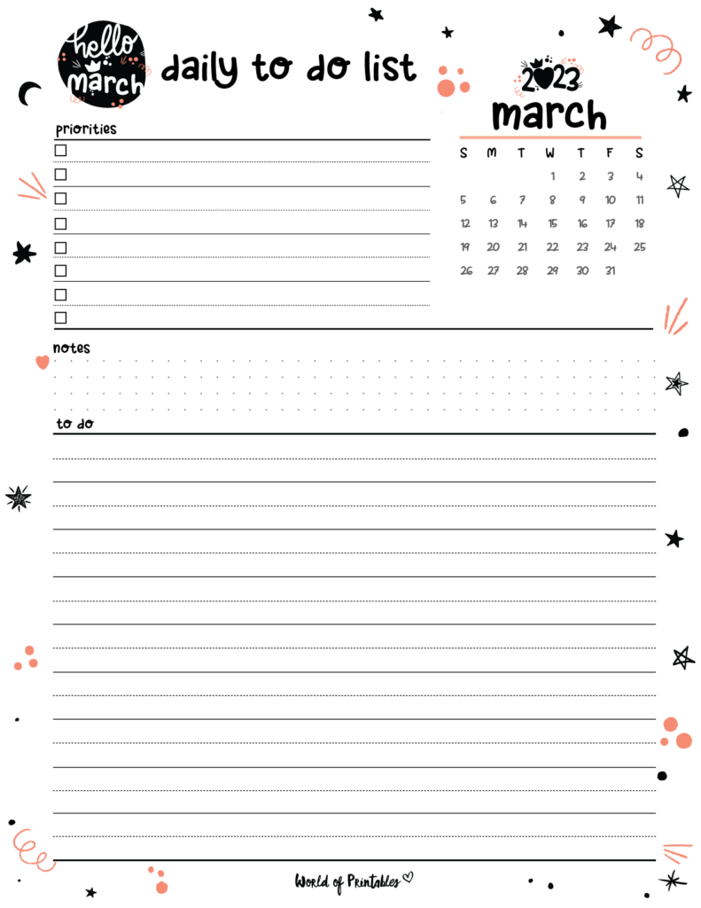 Cute 2023 March Daily To Do List