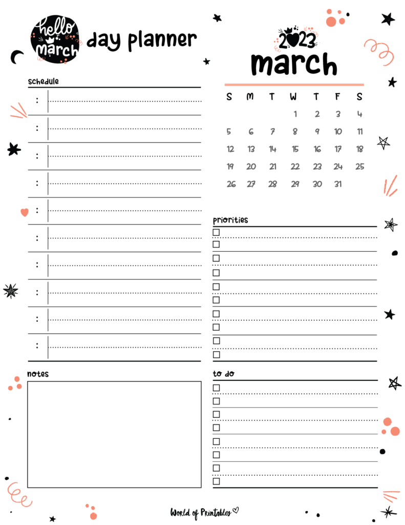 Cute 2023 March Day Planner