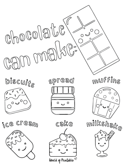 Cute Food Coloring Page featuring various sweet snacks