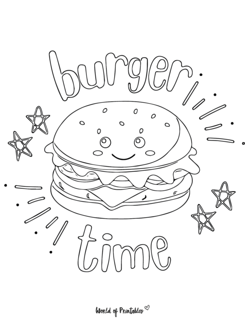 Cute Food Coloring Page featuring a cheeseburger