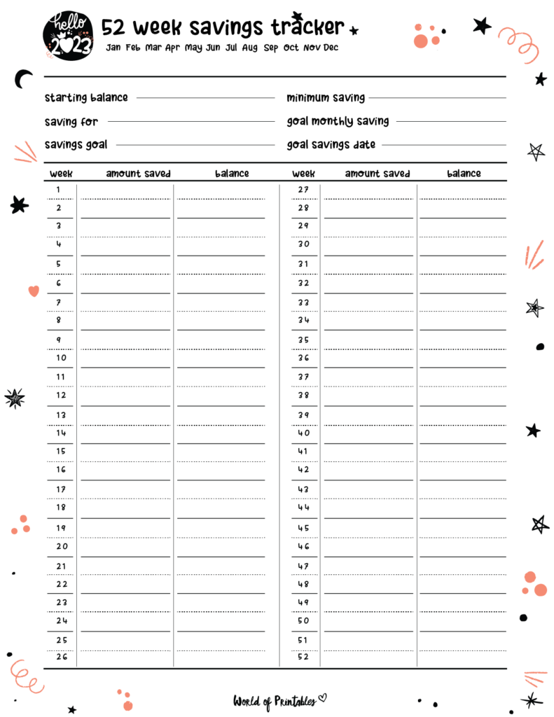 Hello 2023 Cute Planner_52 Week Savings Tracker