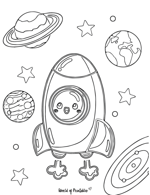 Kawaii Coloring Page featuring rocket and planets