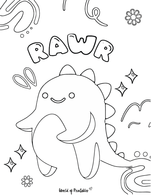 A cute dinosaur with the words "rawr" and stars