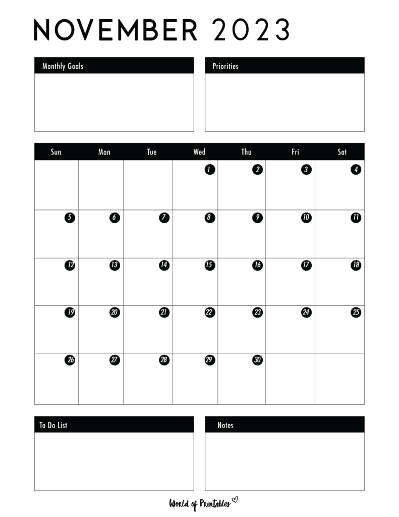 November 2023 Calendar - Portrait