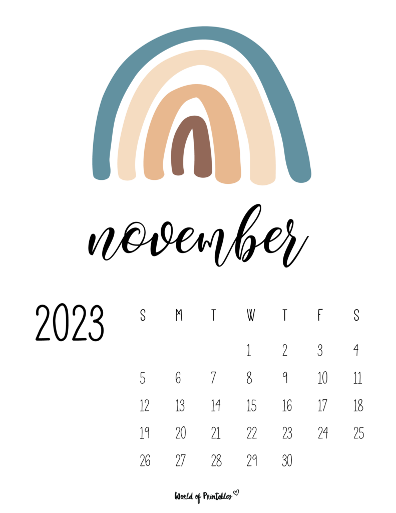 free printable 2023 rainbow calendar - November
